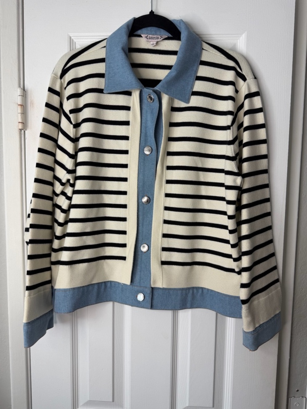 Nanette Lepore Cream & Black Striped Cardigan with Light Blue Collar